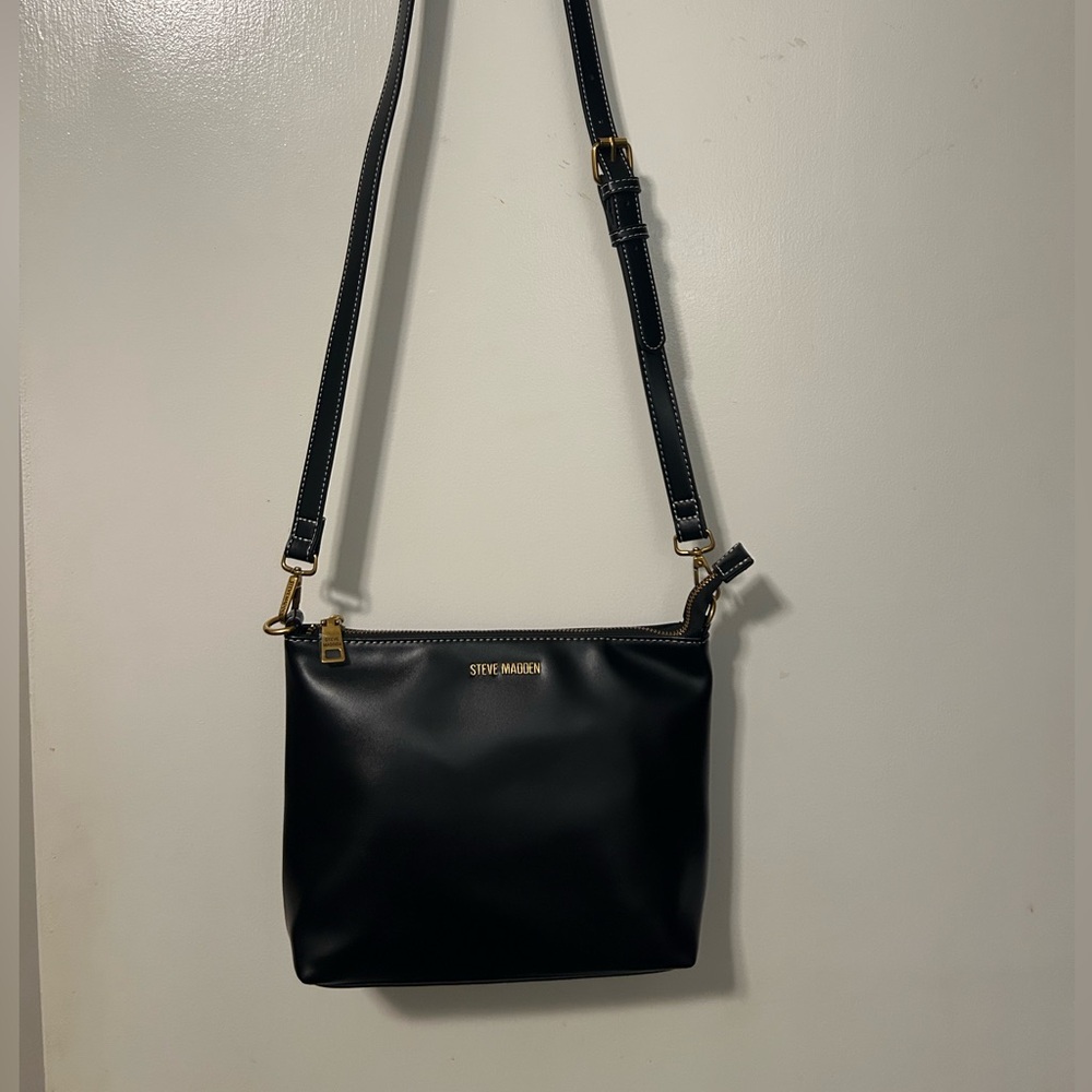 Steve Madden Black Faux-Leather Crossbody with Gold Hardware